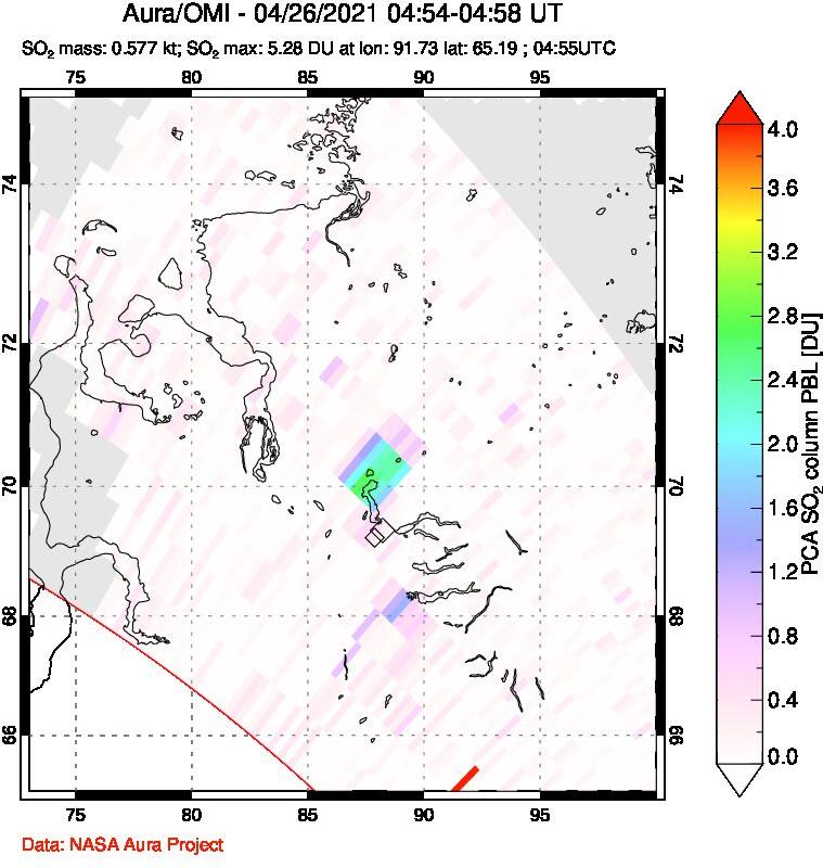 A sulfur dioxide image over Norilsk, Russian Federation on Apr 26, 2021.