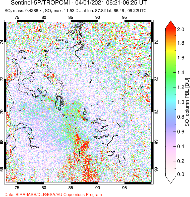 A sulfur dioxide image over Norilsk, Russian Federation on Apr 01, 2021.