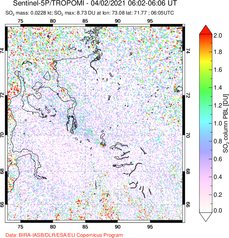 A sulfur dioxide image over Norilsk, Russian Federation on Apr 02, 2021.