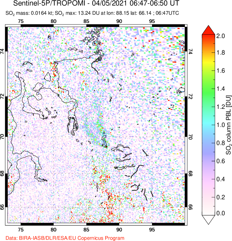 A sulfur dioxide image over Norilsk, Russian Federation on Apr 05, 2021.