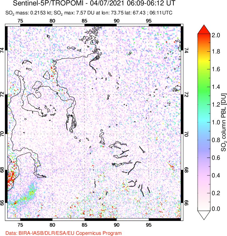 A sulfur dioxide image over Norilsk, Russian Federation on Apr 07, 2021.