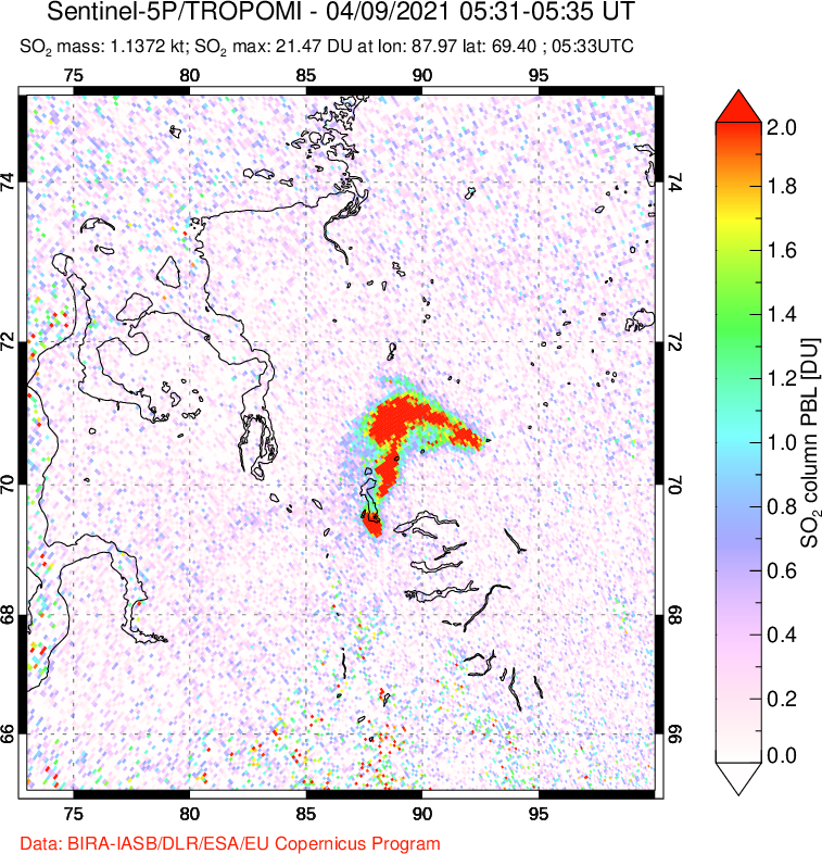 A sulfur dioxide image over Norilsk, Russian Federation on Apr 09, 2021.
