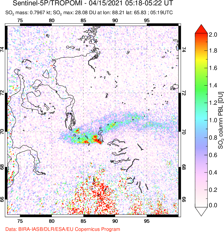 A sulfur dioxide image over Norilsk, Russian Federation on Apr 15, 2021.