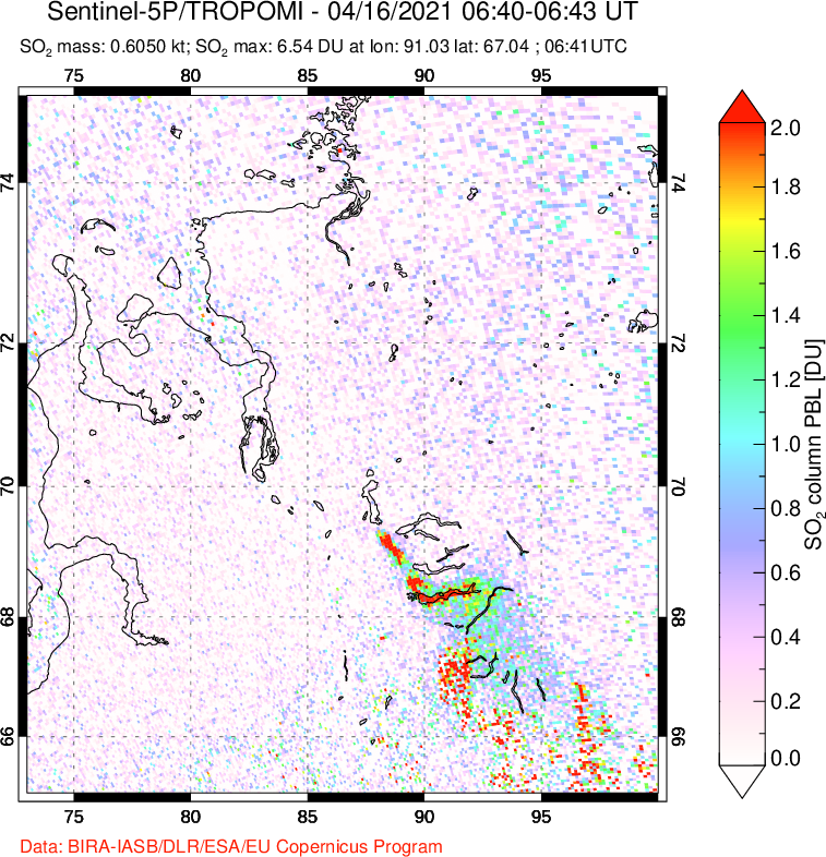 A sulfur dioxide image over Norilsk, Russian Federation on Apr 16, 2021.