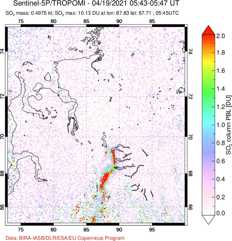 A sulfur dioxide image over Norilsk, Russian Federation on Apr 19, 2021.