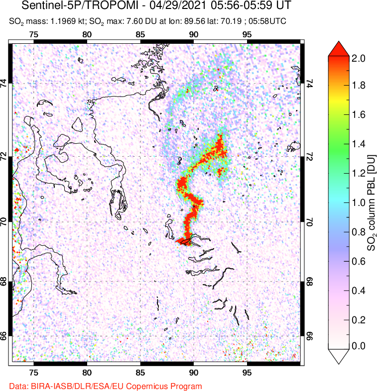 A sulfur dioxide image over Norilsk, Russian Federation on Apr 29, 2021.