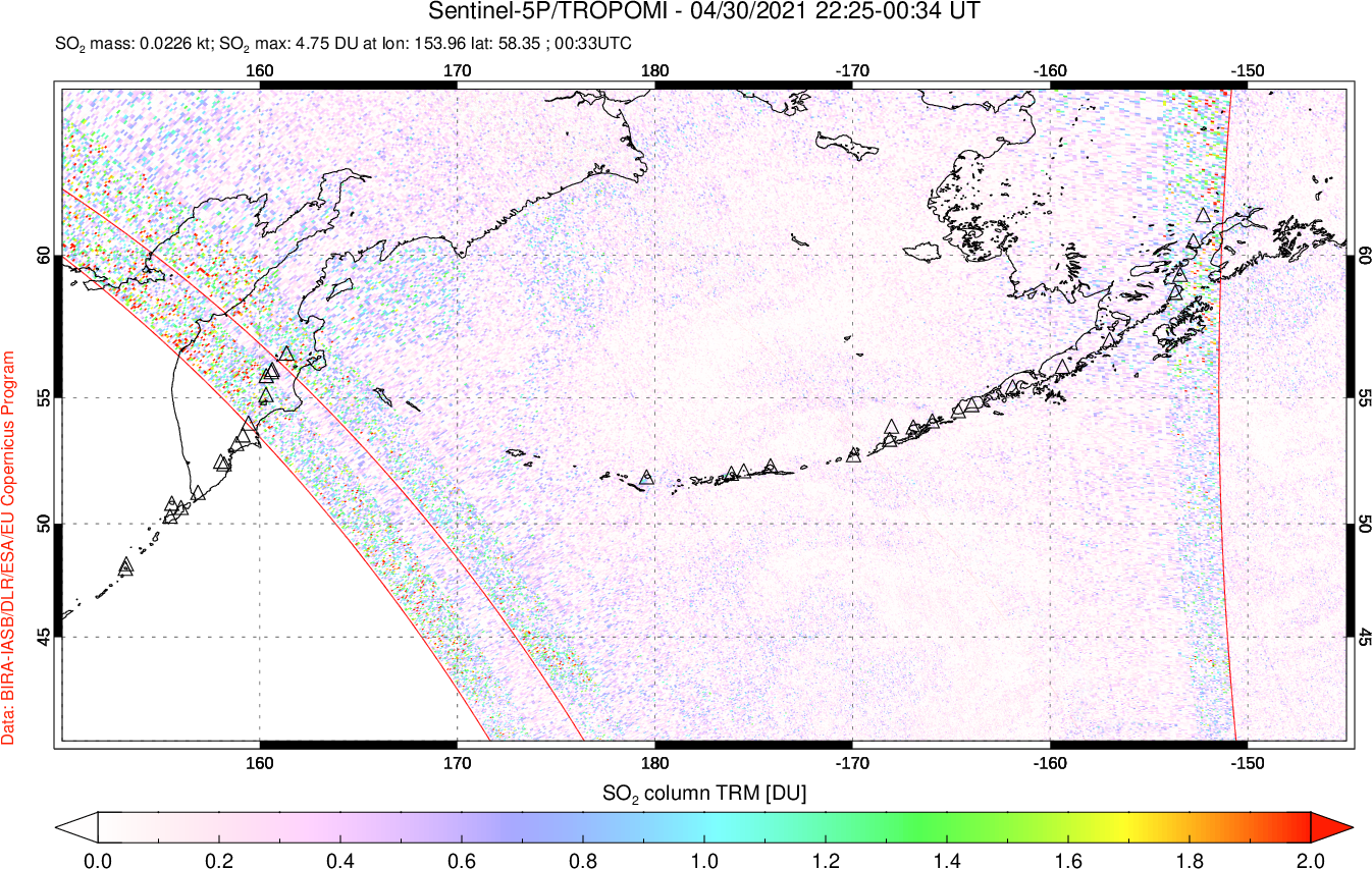 A sulfur dioxide image over North Pacific on Apr 30, 2021.