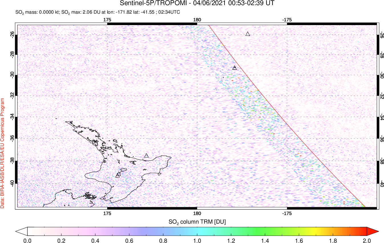 A sulfur dioxide image over New Zealand on Apr 06, 2021.