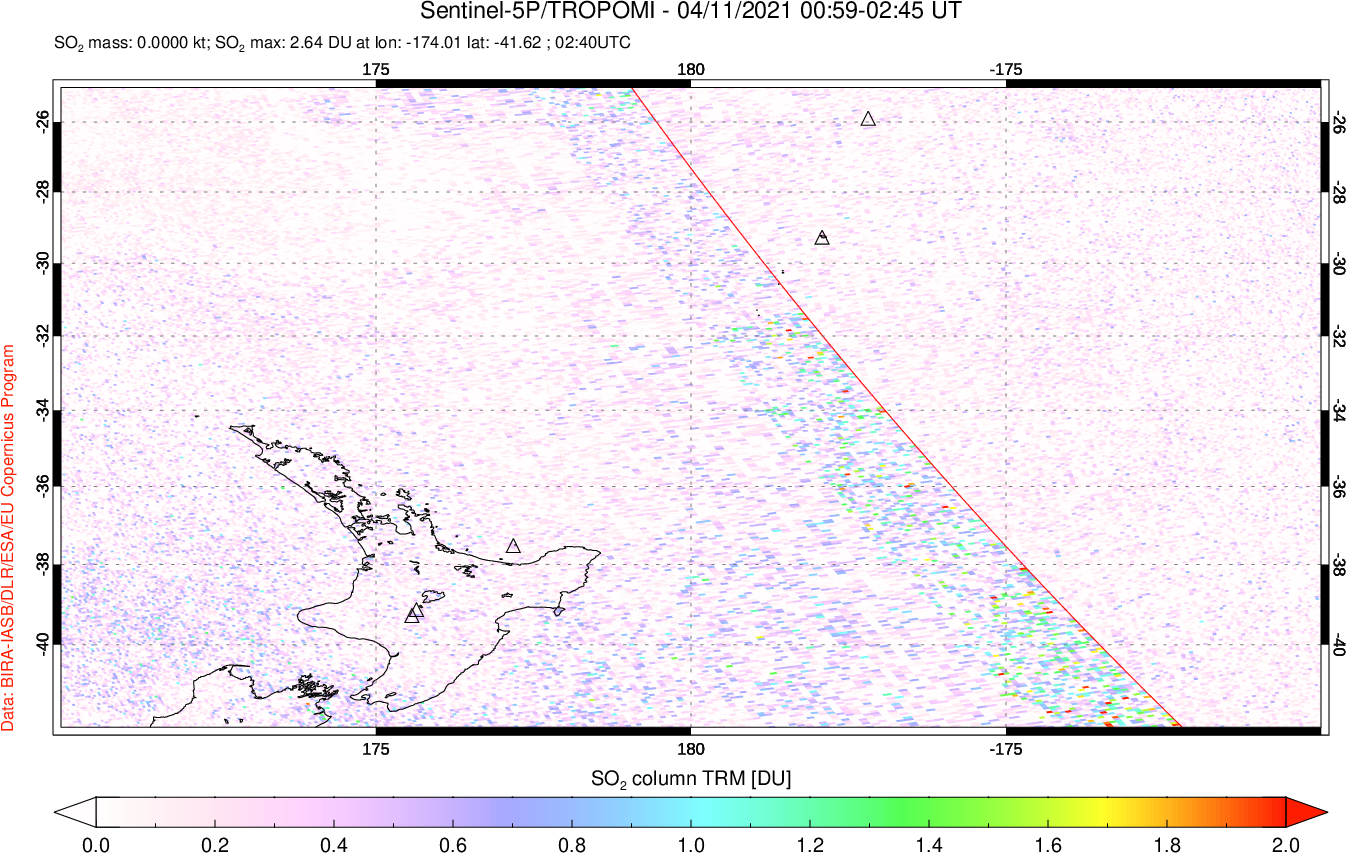 A sulfur dioxide image over New Zealand on Apr 11, 2021.