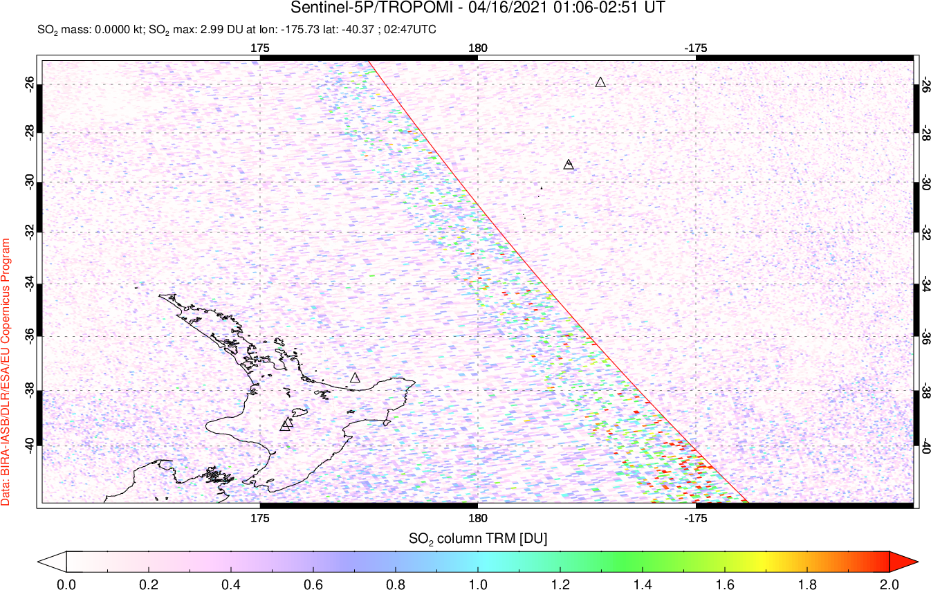 A sulfur dioxide image over New Zealand on Apr 16, 2021.