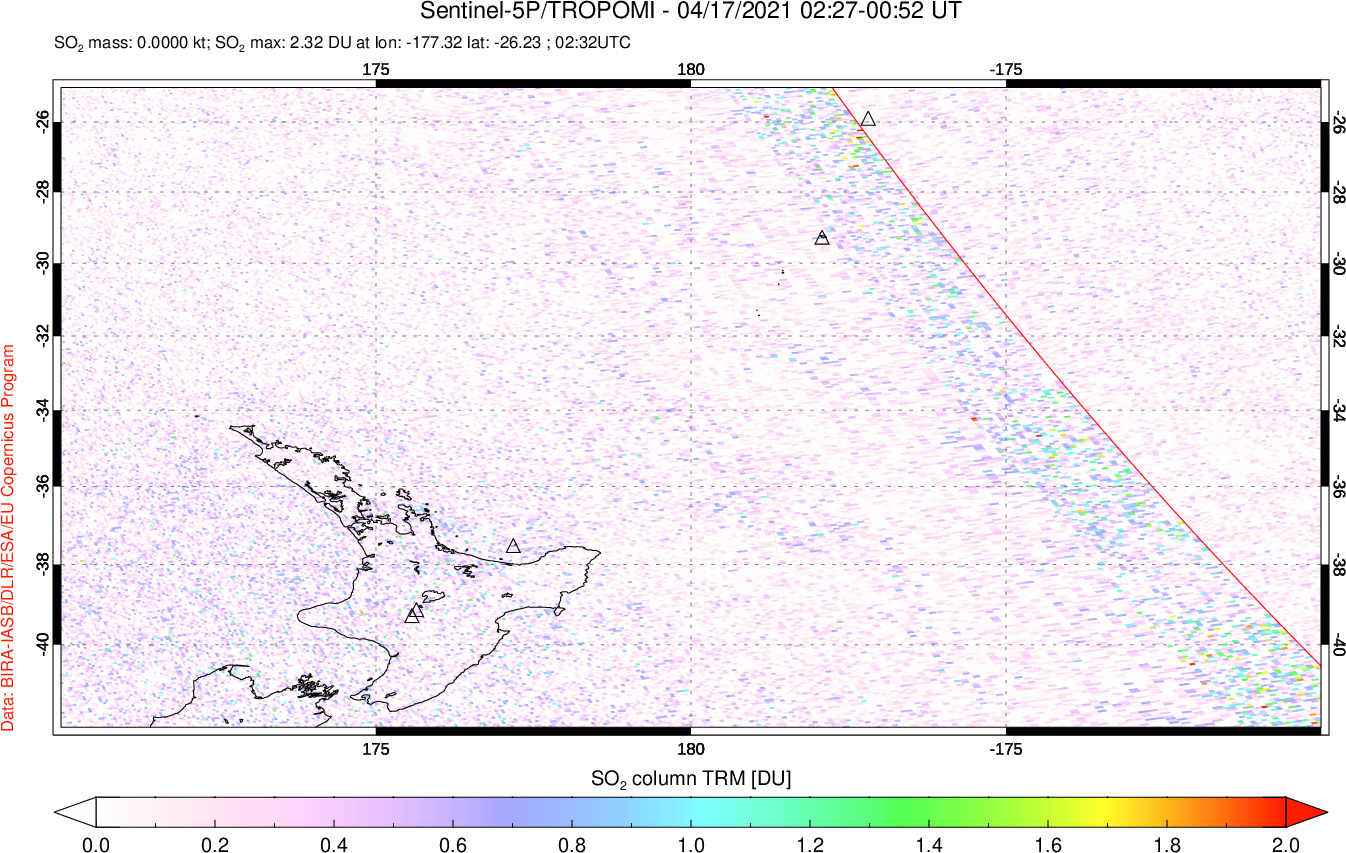 A sulfur dioxide image over New Zealand on Apr 17, 2021.