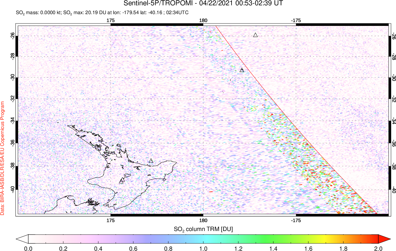 A sulfur dioxide image over New Zealand on Apr 22, 2021.