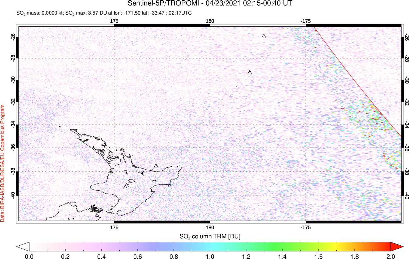 A sulfur dioxide image over New Zealand on Apr 23, 2021.