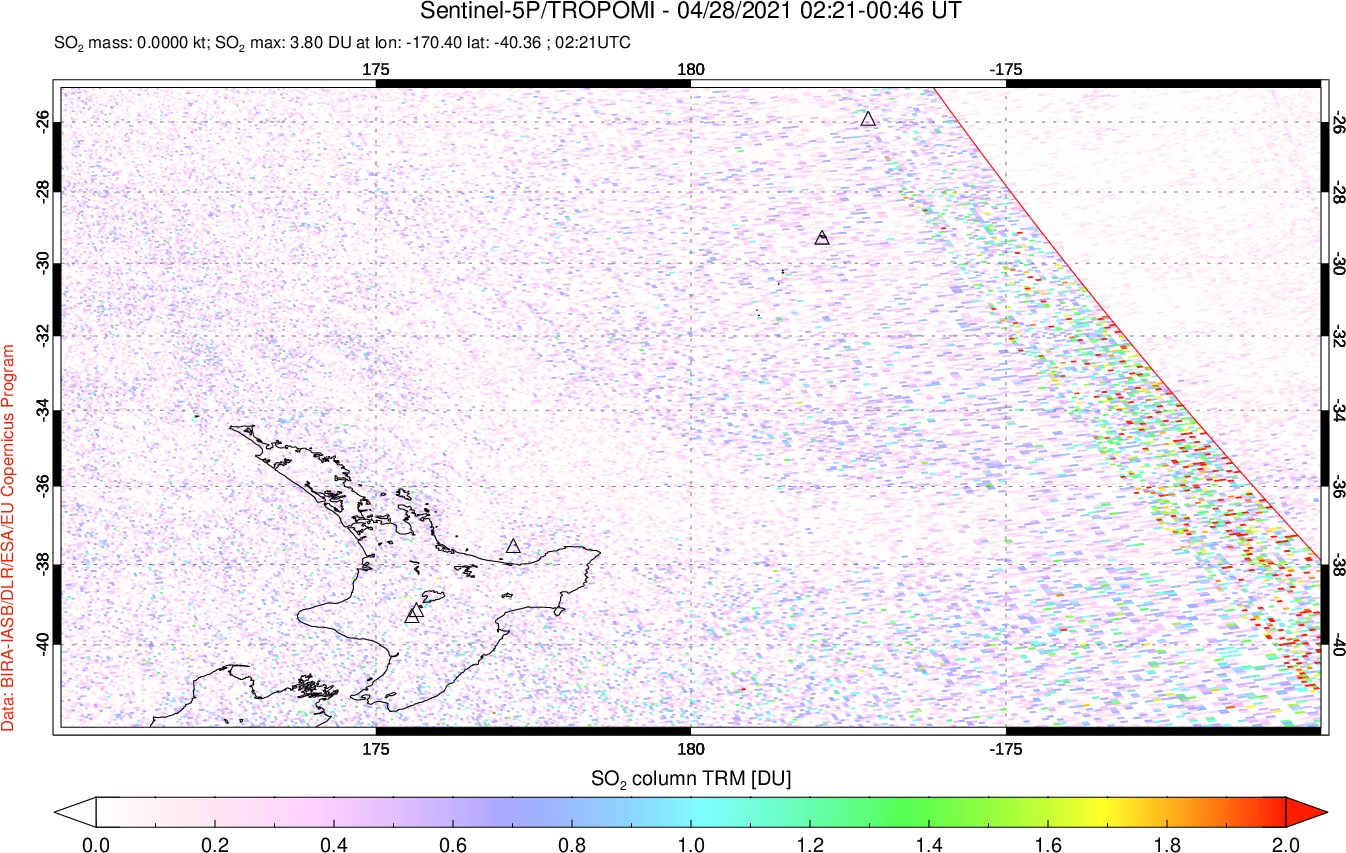 A sulfur dioxide image over New Zealand on Apr 28, 2021.