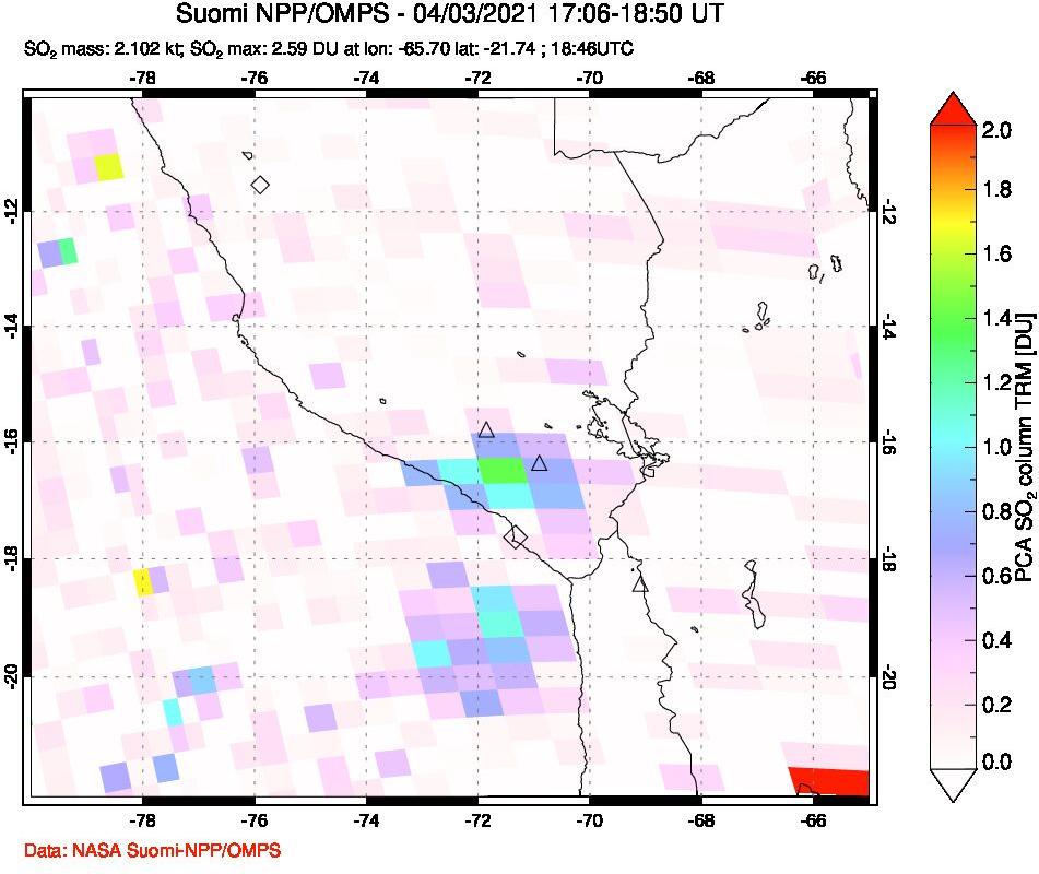 A sulfur dioxide image over Peru on Apr 03, 2021.