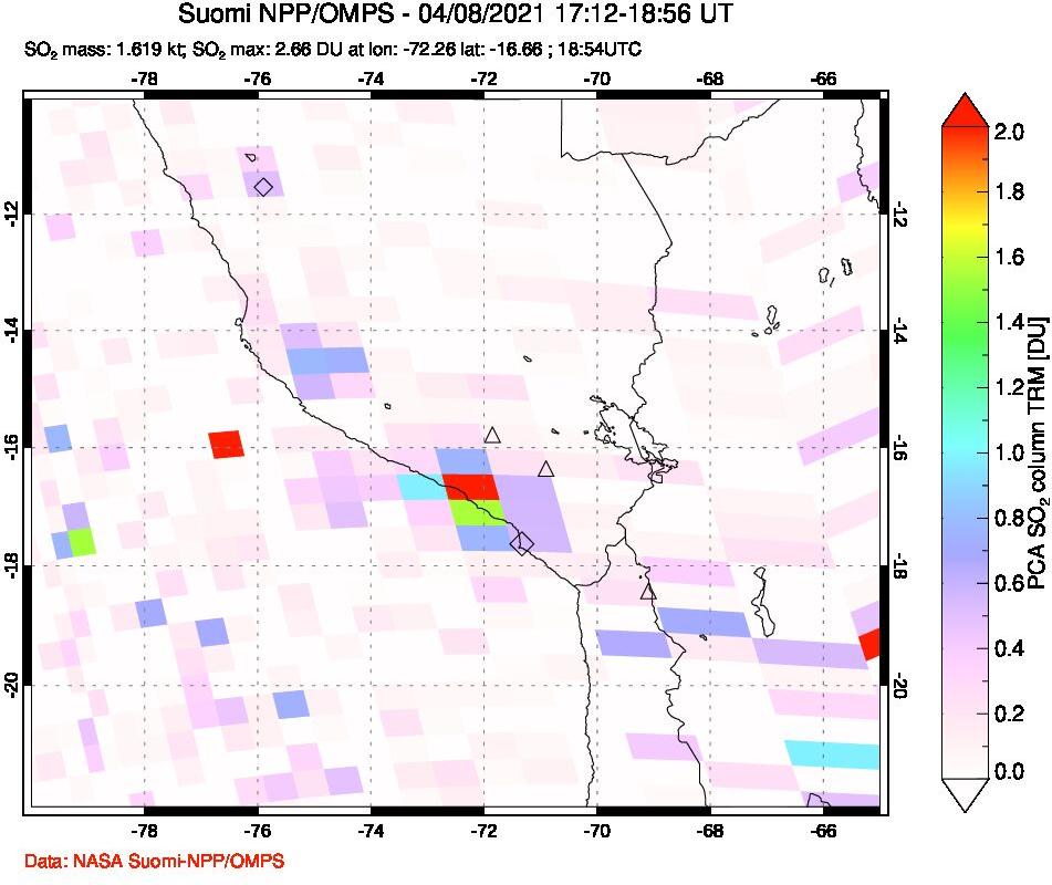 A sulfur dioxide image over Peru on Apr 08, 2021.