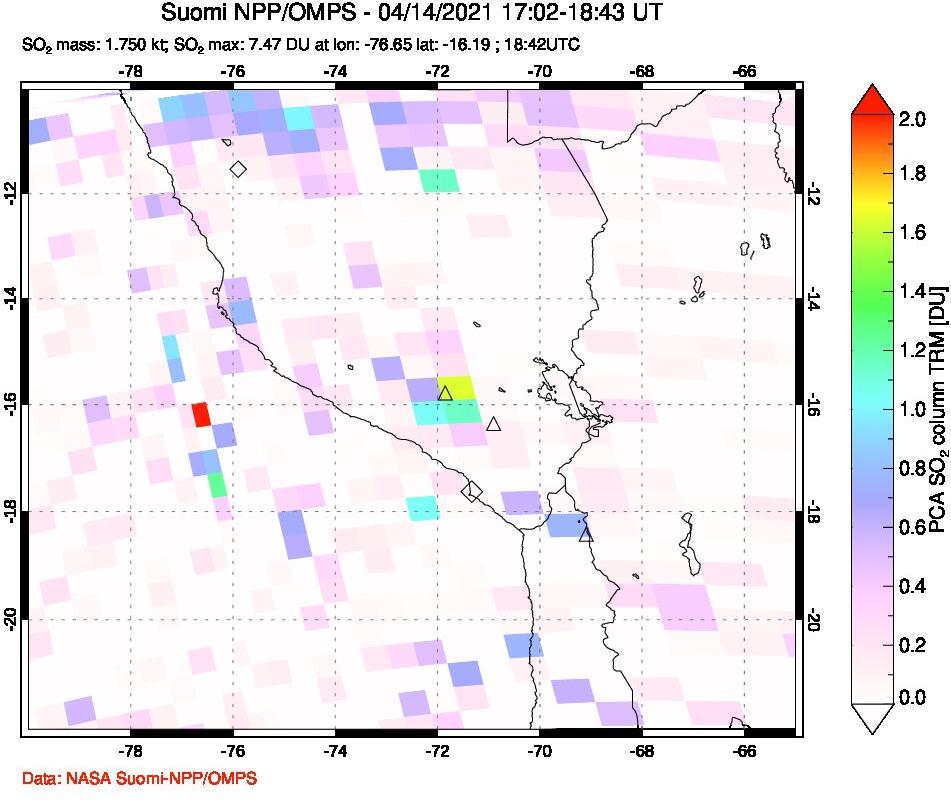 A sulfur dioxide image over Peru on Apr 14, 2021.