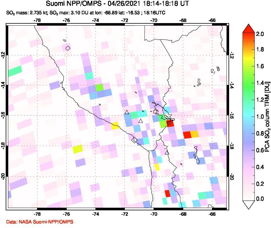 A sulfur dioxide image over Peru on Apr 26, 2021.