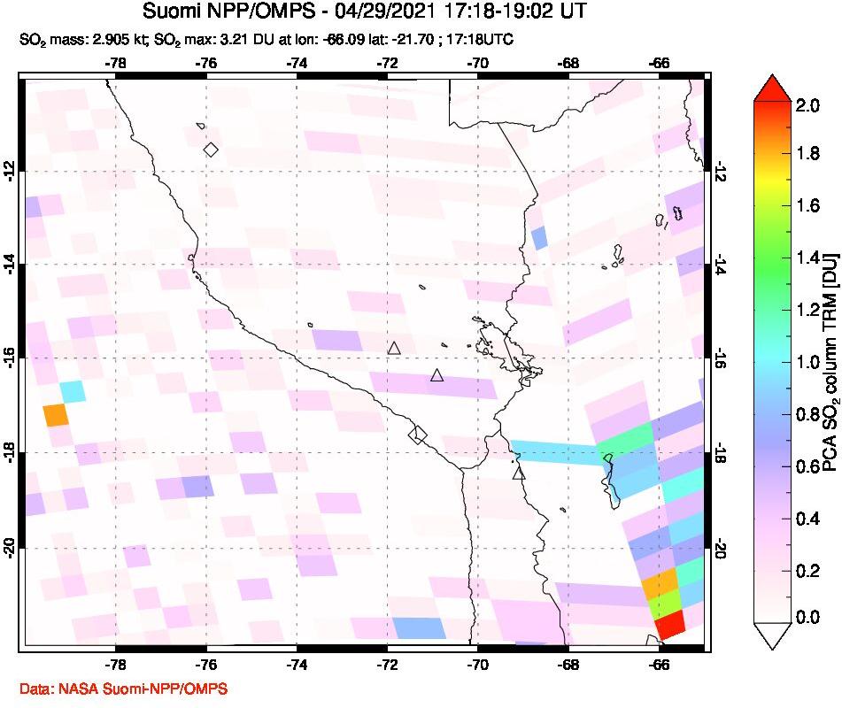 A sulfur dioxide image over Peru on Apr 29, 2021.