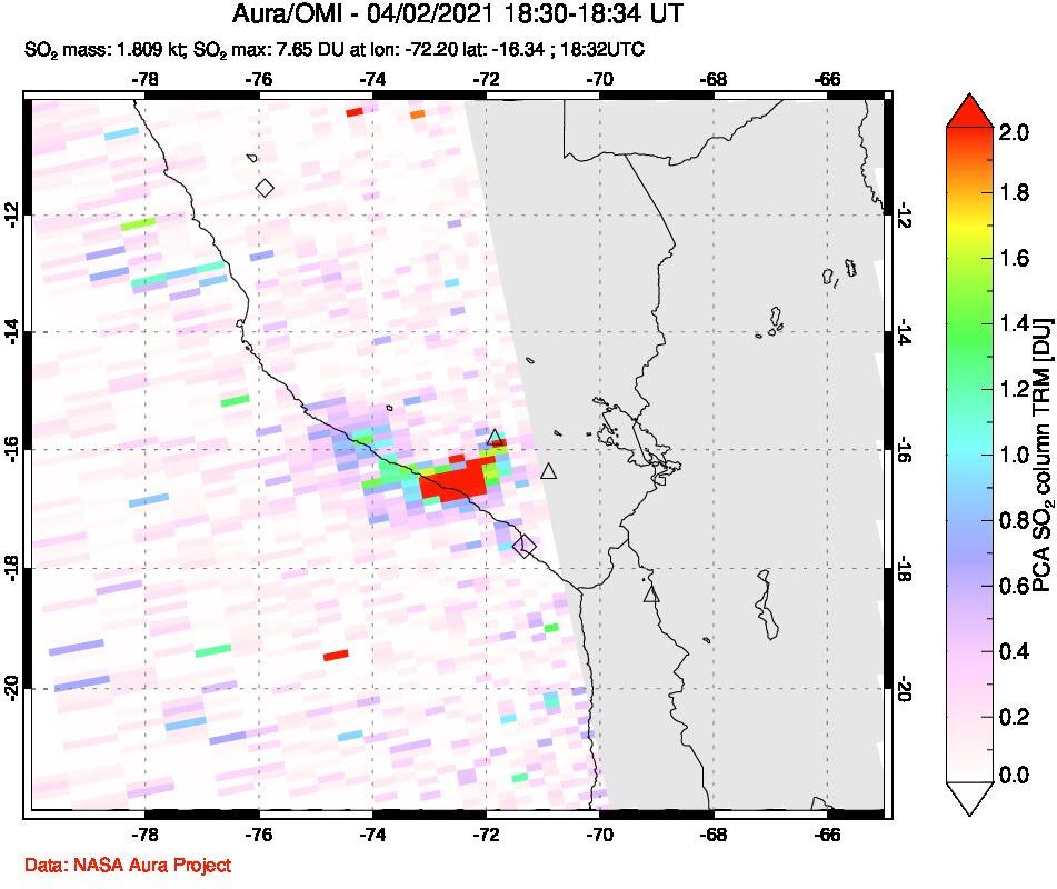 A sulfur dioxide image over Peru on Apr 02, 2021.