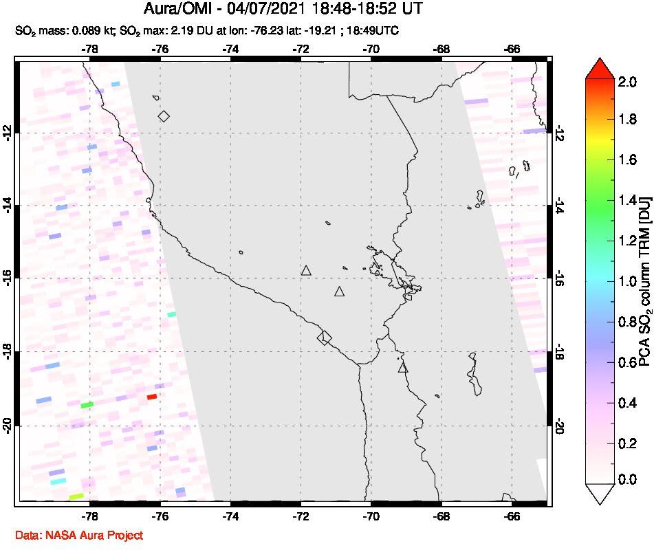 A sulfur dioxide image over Peru on Apr 07, 2021.