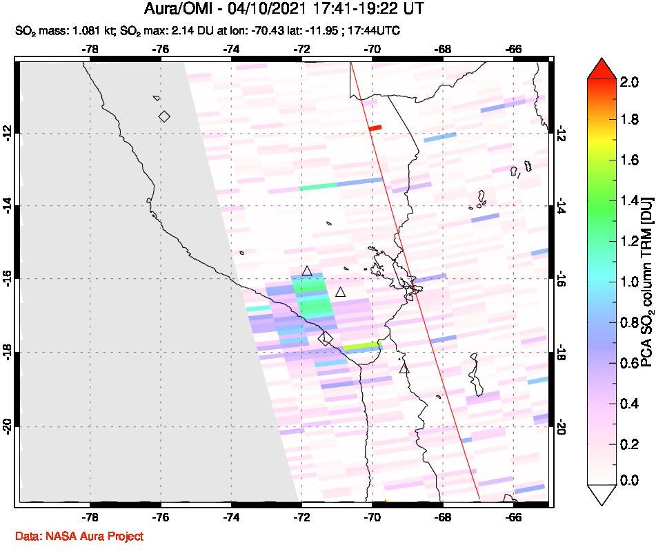 A sulfur dioxide image over Peru on Apr 10, 2021.