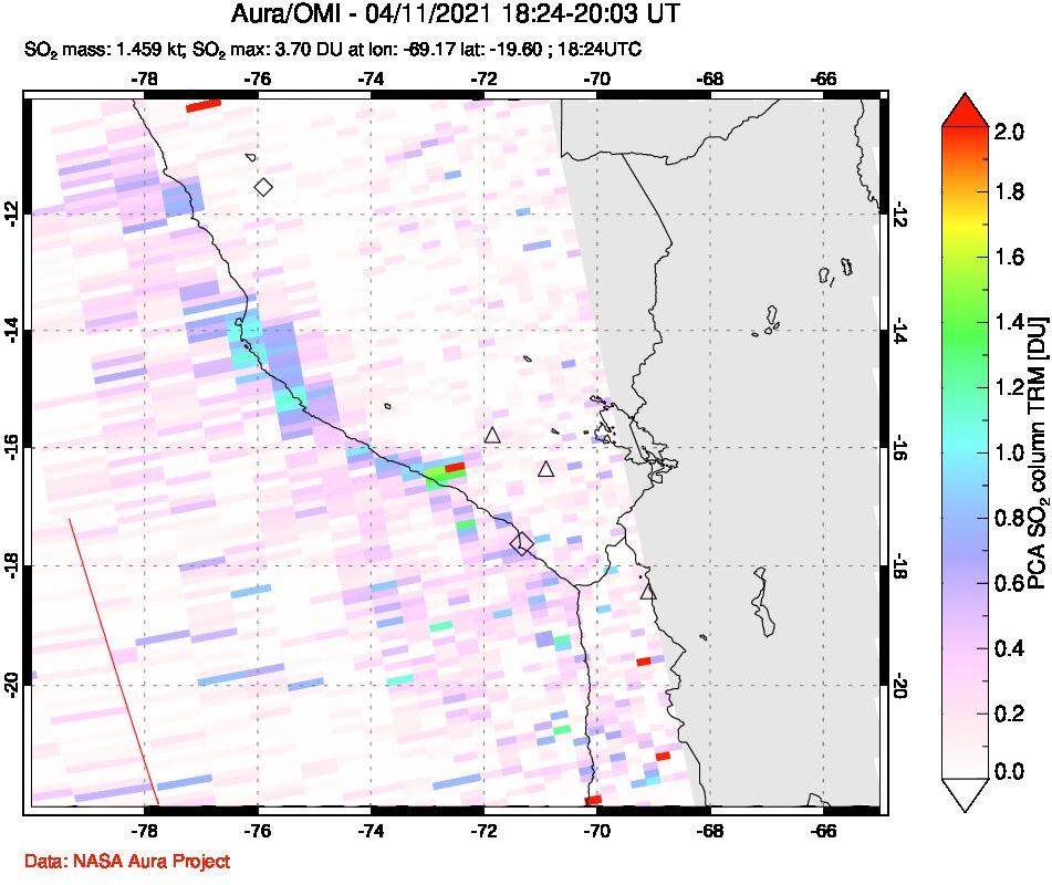 A sulfur dioxide image over Peru on Apr 11, 2021.