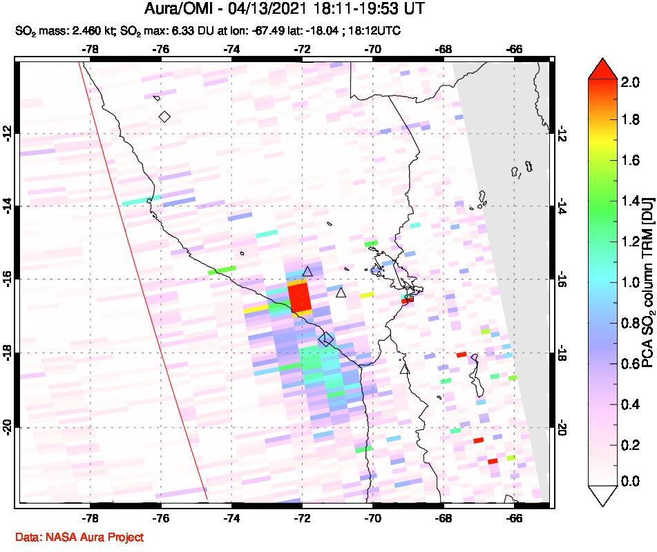 A sulfur dioxide image over Peru on Apr 13, 2021.