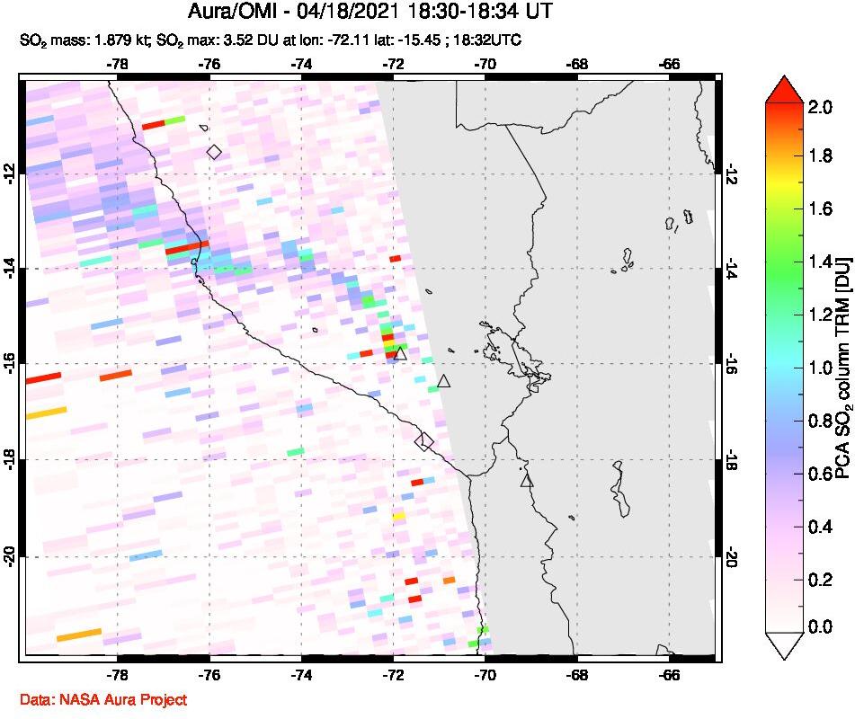 A sulfur dioxide image over Peru on Apr 18, 2021.