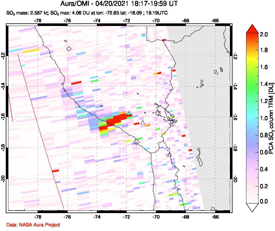 A sulfur dioxide image over Peru on Apr 20, 2021.