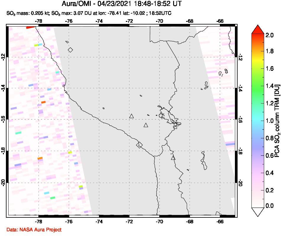 A sulfur dioxide image over Peru on Apr 23, 2021.