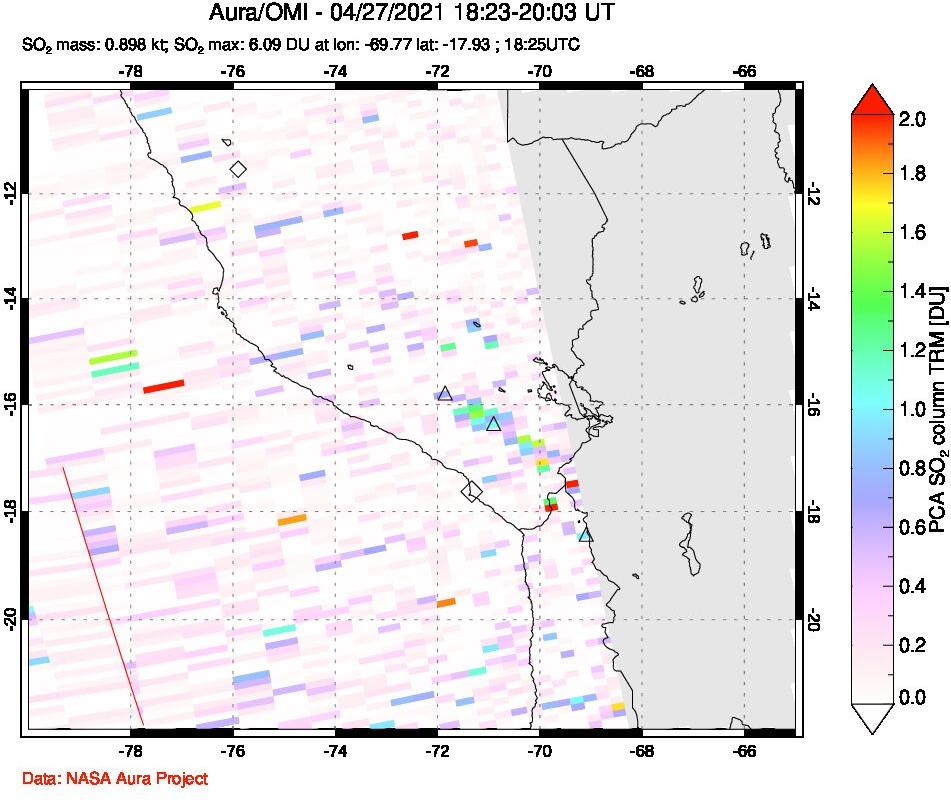 A sulfur dioxide image over Peru on Apr 27, 2021.
