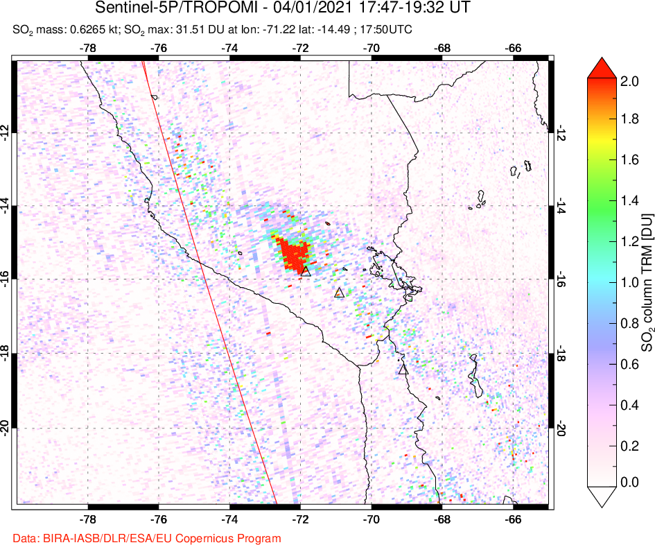 A sulfur dioxide image over Peru on Apr 01, 2021.