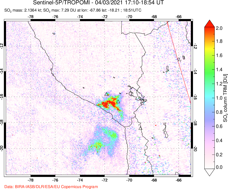 A sulfur dioxide image over Peru on Apr 03, 2021.