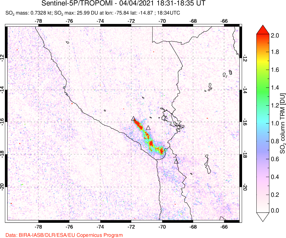A sulfur dioxide image over Peru on Apr 04, 2021.