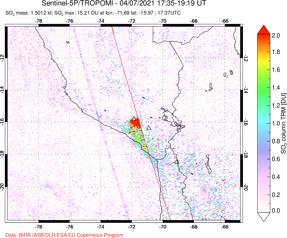 A sulfur dioxide image over Peru on Apr 07, 2021.
