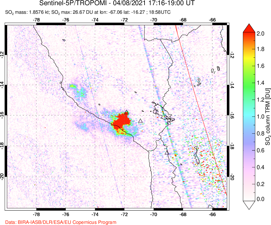 A sulfur dioxide image over Peru on Apr 08, 2021.