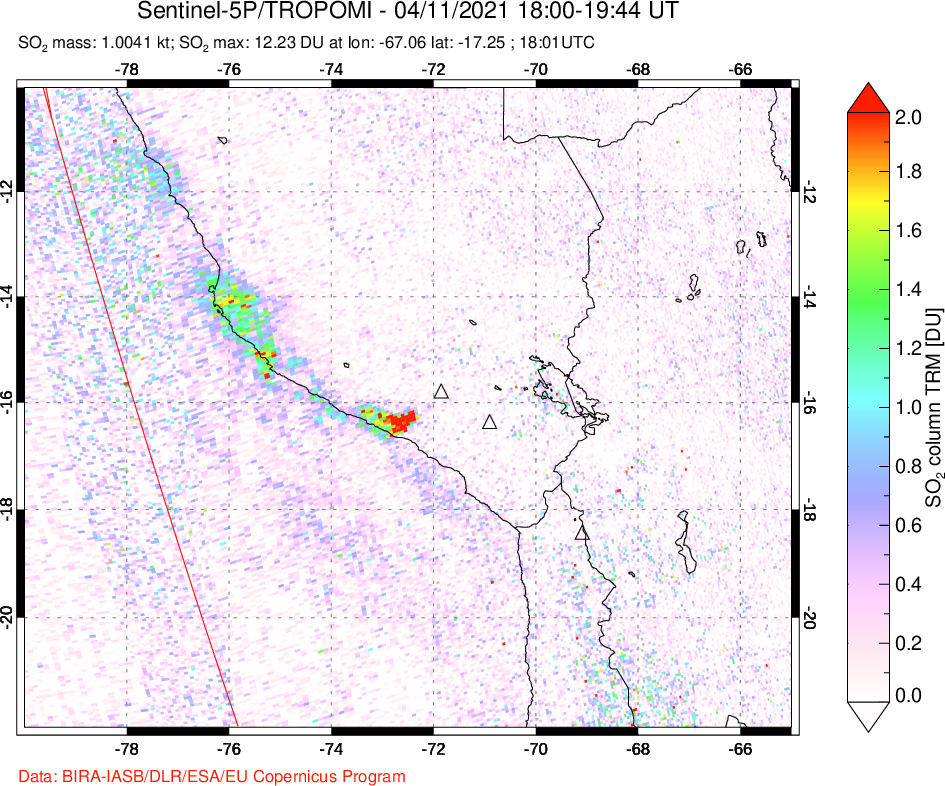 A sulfur dioxide image over Peru on Apr 11, 2021.