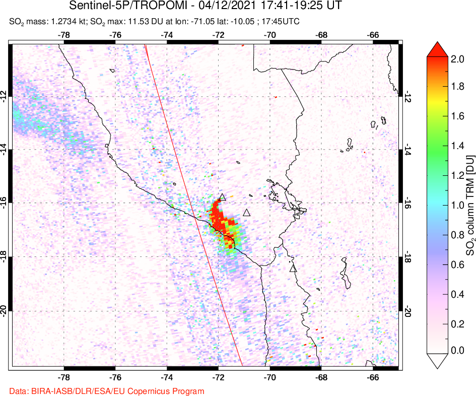 A sulfur dioxide image over Peru on Apr 12, 2021.