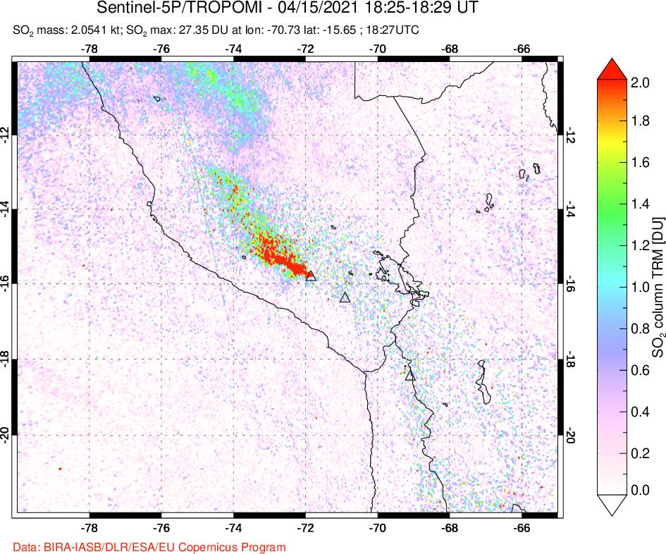 A sulfur dioxide image over Peru on Apr 15, 2021.