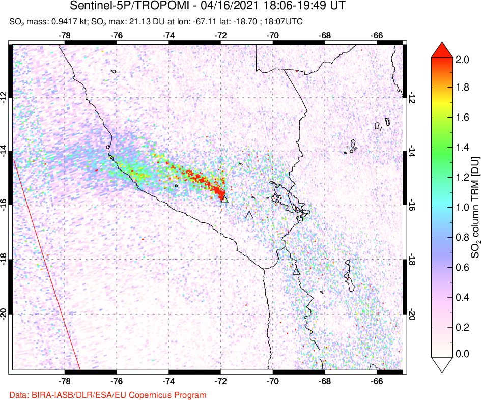 A sulfur dioxide image over Peru on Apr 16, 2021.