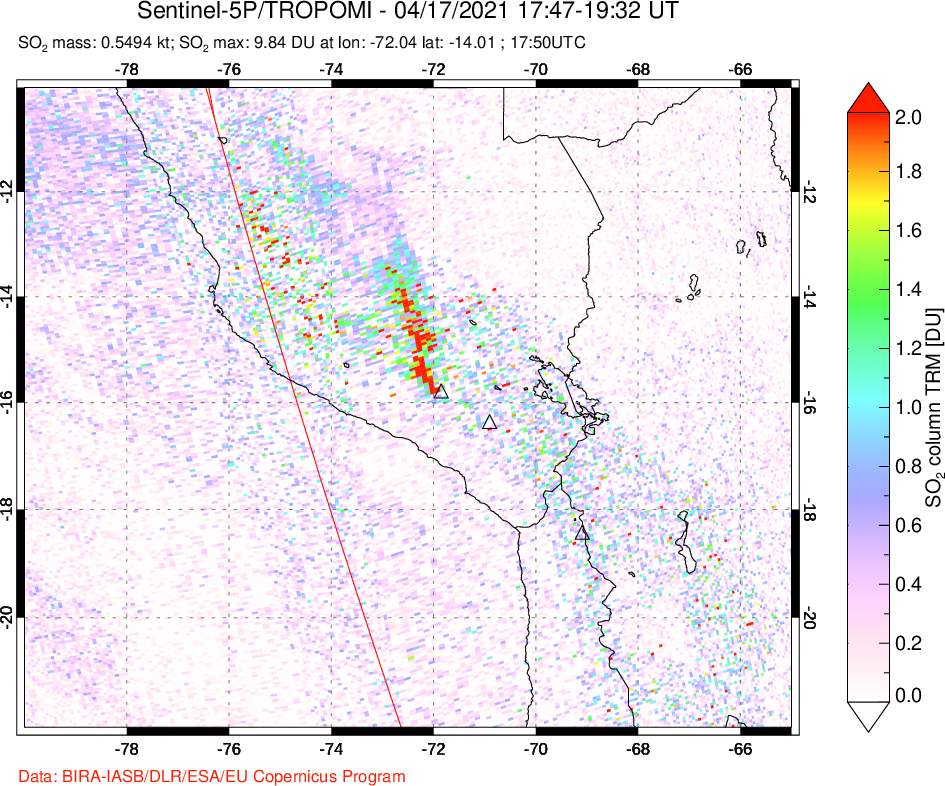A sulfur dioxide image over Peru on Apr 17, 2021.