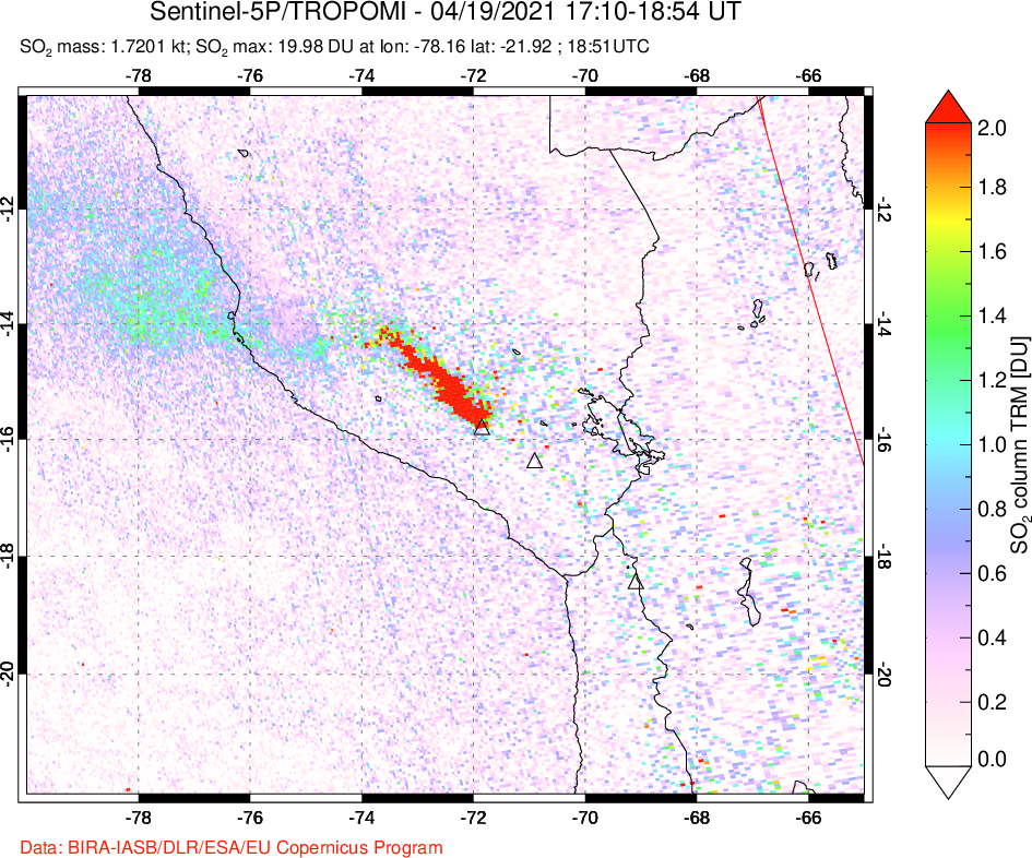 A sulfur dioxide image over Peru on Apr 19, 2021.