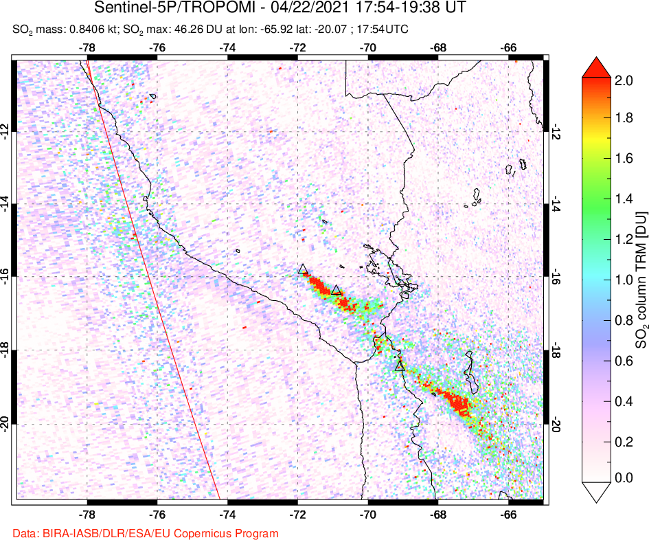 A sulfur dioxide image over Peru on Apr 22, 2021.