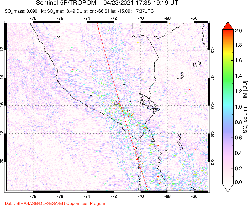 A sulfur dioxide image over Peru on Apr 23, 2021.