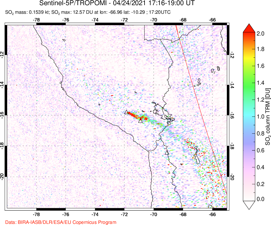 A sulfur dioxide image over Peru on Apr 24, 2021.