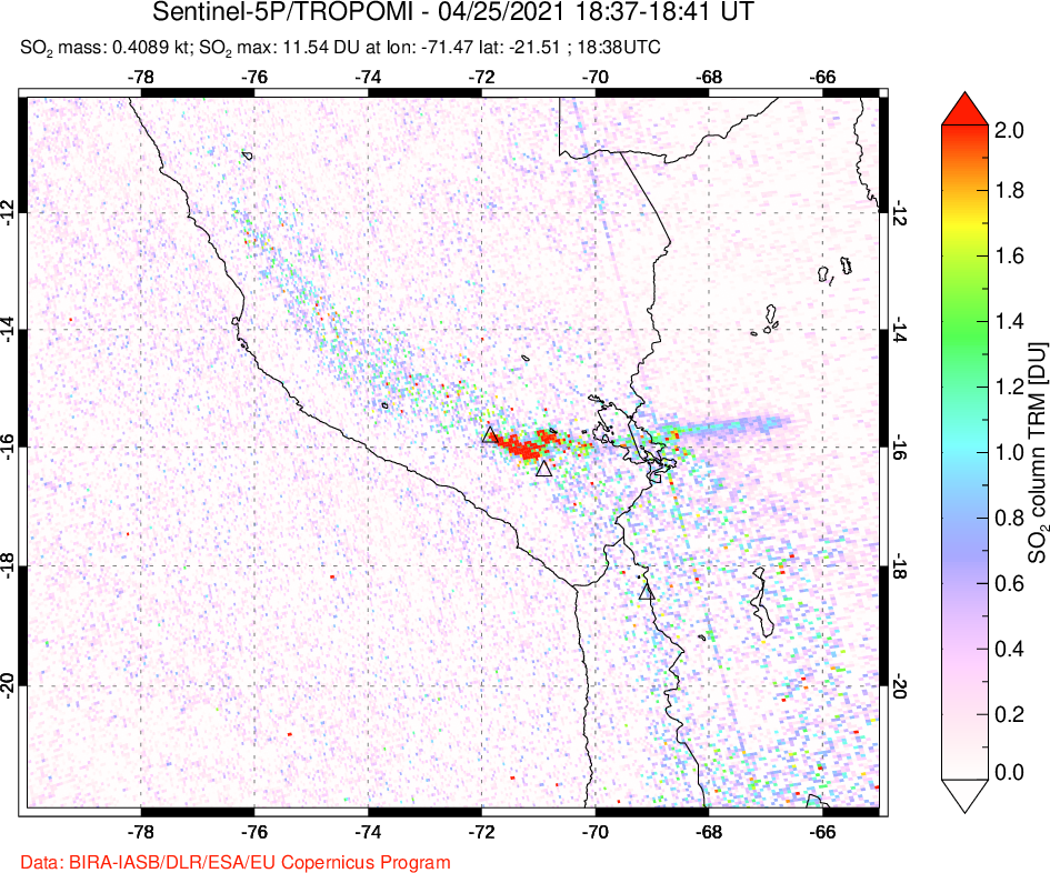 A sulfur dioxide image over Peru on Apr 25, 2021.