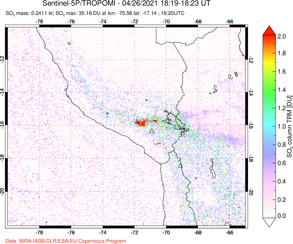 A sulfur dioxide image over Peru on Apr 26, 2021.