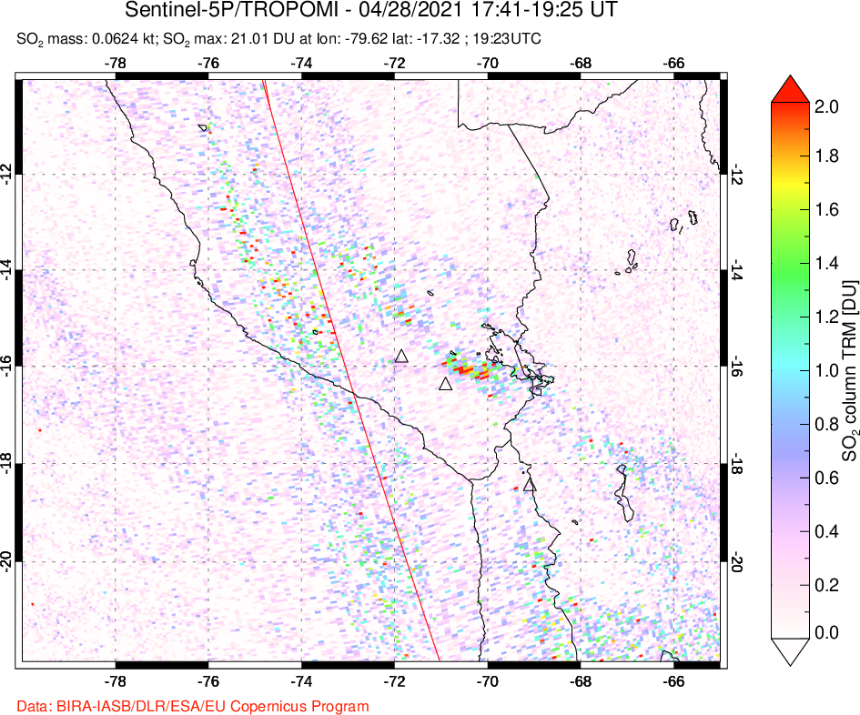 A sulfur dioxide image over Peru on Apr 28, 2021.