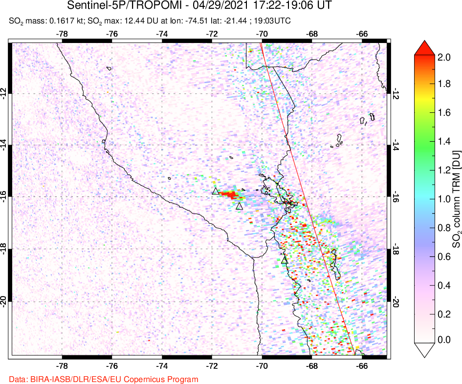 A sulfur dioxide image over Peru on Apr 29, 2021.